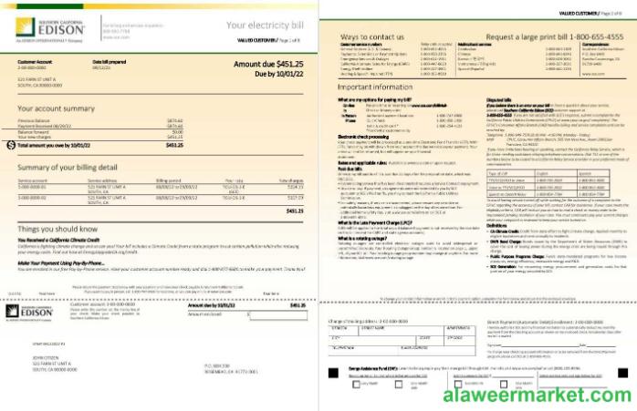 USA Southern California EDISON utility bill, Word and PDF template, 8 pages 1 2